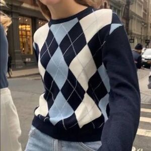 Brandy Melville Argyle Bernadette Sweater Black Blue Crewneck One Size